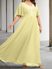 A Line Princess V Neck Half Sleeves Floor Length Mother Of The Bride Dresses With Applique