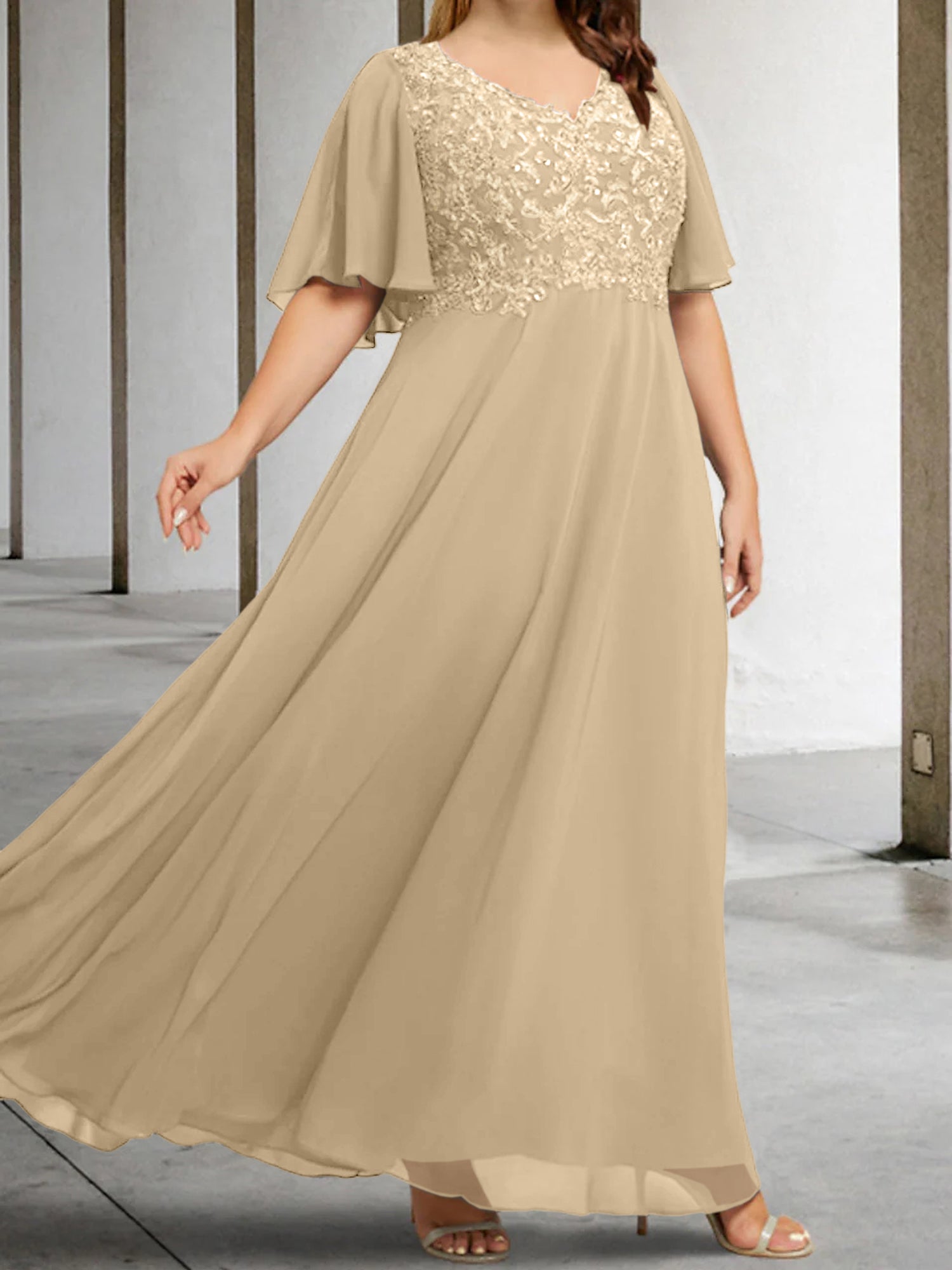 A Line Princess V Neck Half Sleeves Floor Length Mother Of The Bride Dresses With Applique