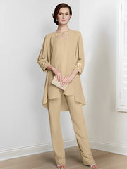 Chiffon Square Neck Long Sleeves Floor Length Mother Of The Bride Pantsuits With Jacket