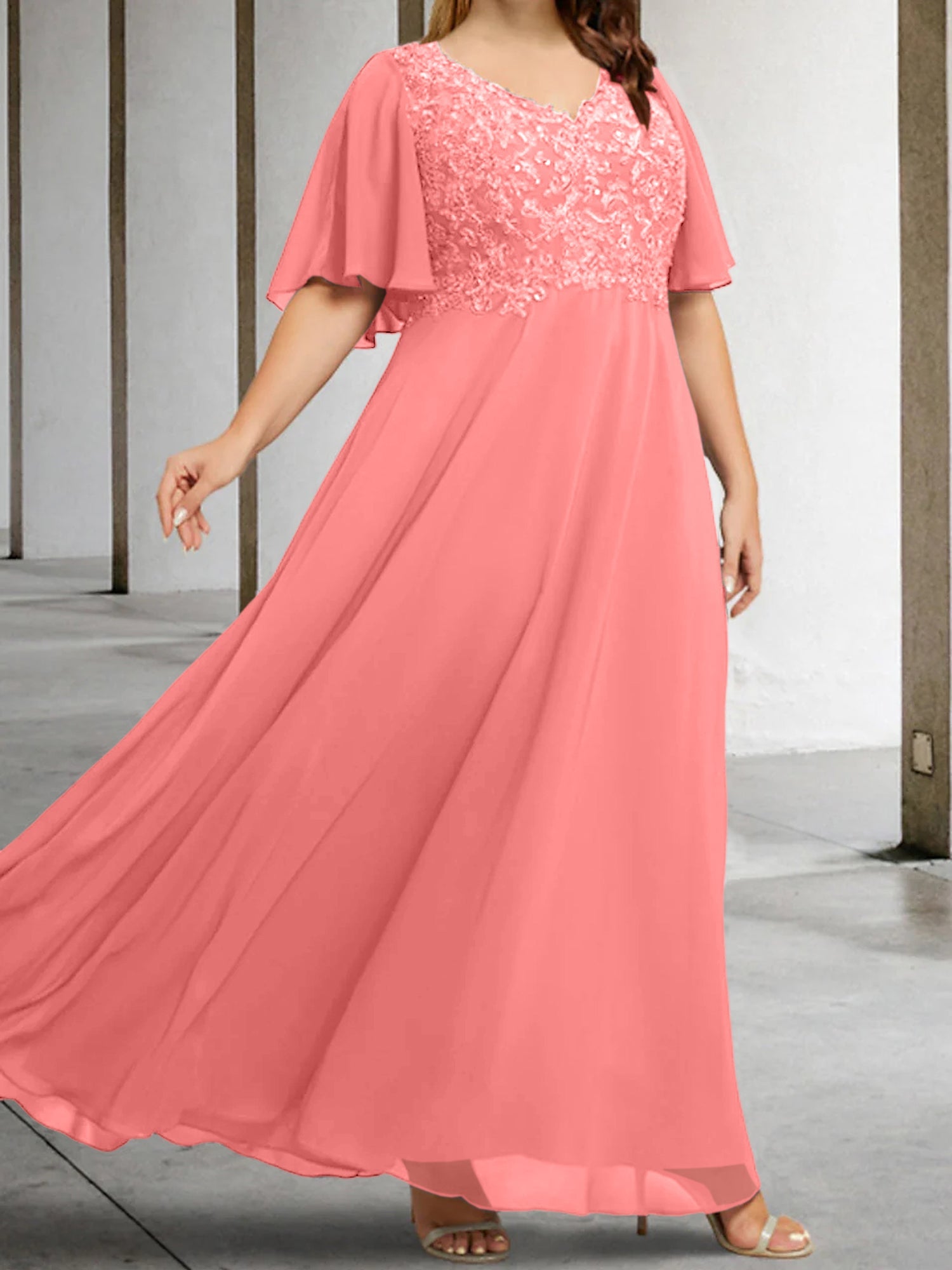A Line Princess V Neck Half Sleeves Floor Length Mother Of The Bride Dresses With Applique