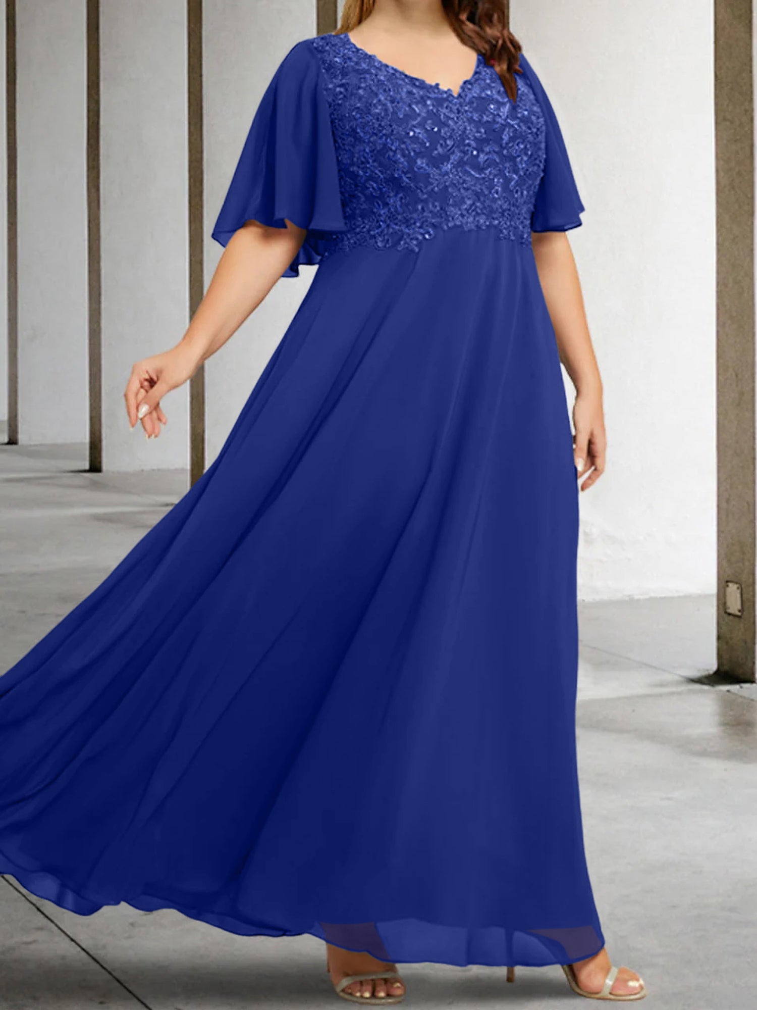 A Line Princess V Neck Half Sleeves Floor Length Mother Of The Bride Dresses With Applique