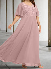 A Line Princess V Neck Half Sleeves Floor Length Mother Of The Bride Dresses With Applique