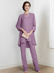 Chiffon Square Neck Long Sleeves Floor Length Mother Of The Bride Pantsuits With Jacket