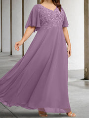 A Line Princess V Neck Half Sleeves Floor Length Mother Of The Bride Dresses With Applique