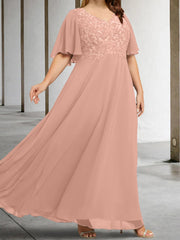A Line Princess V Neck Half Sleeves Floor Length Mother Of The Bride Dresses With Applique