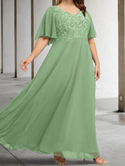 A Line Princess V Neck Half Sleeves Floor Length Mother Of The Bride Dresses With Applique