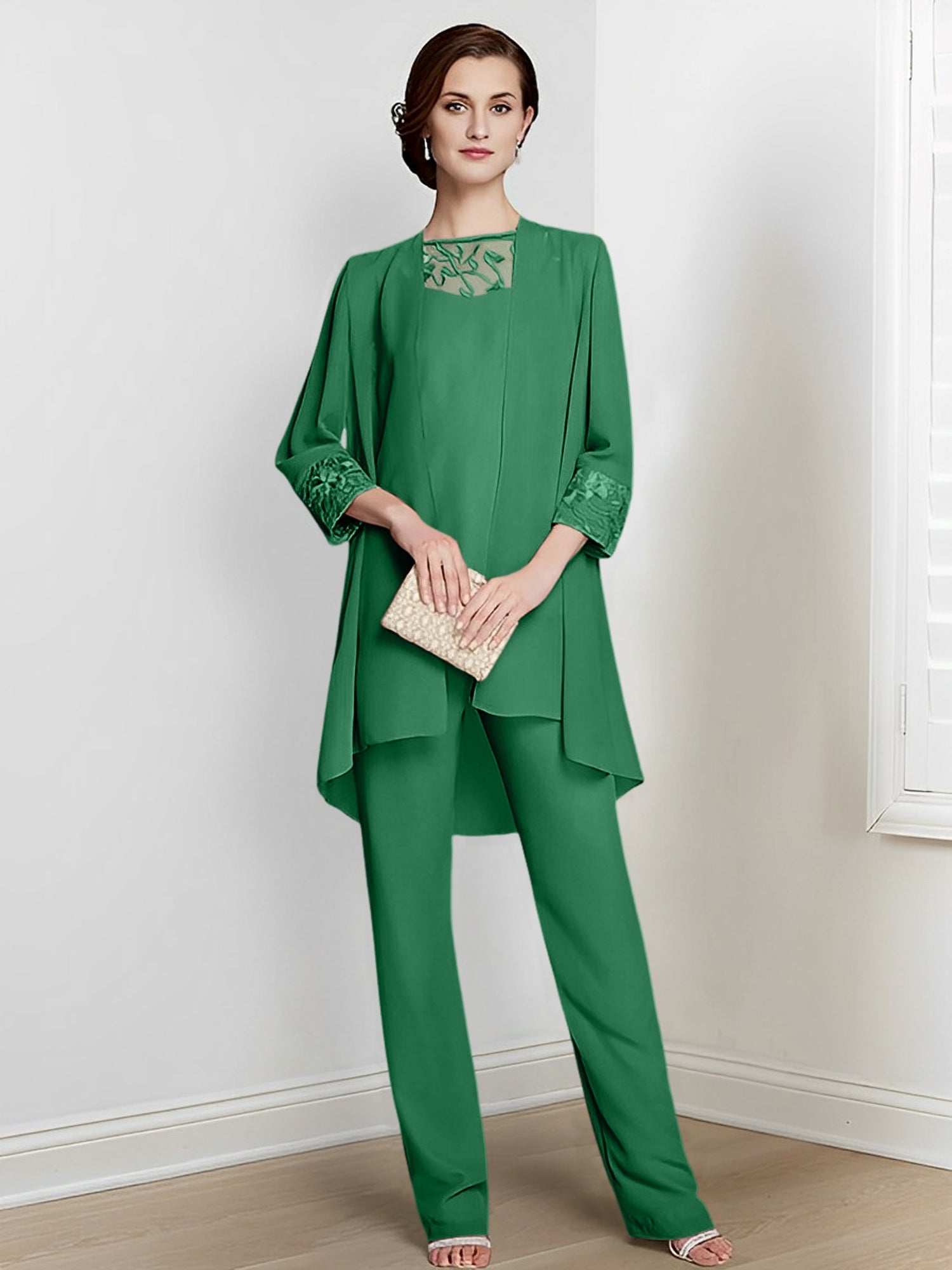 Chiffon Square Neck Long Sleeves Floor Length Mother Of The Bride Pantsuits With Jacket