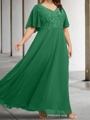 A Line Princess V Neck Half Sleeves Floor Length Mother Of The Bride Dresses With Applique