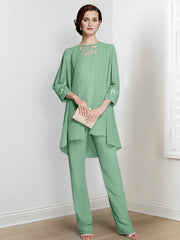 Chiffon Square Neck Long Sleeves Floor Length Mother Of The Bride Pantsuits With Jacket
