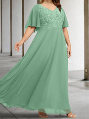 A Line Princess V Neck Half Sleeves Floor Length Mother Of The Bride Dresses With Applique