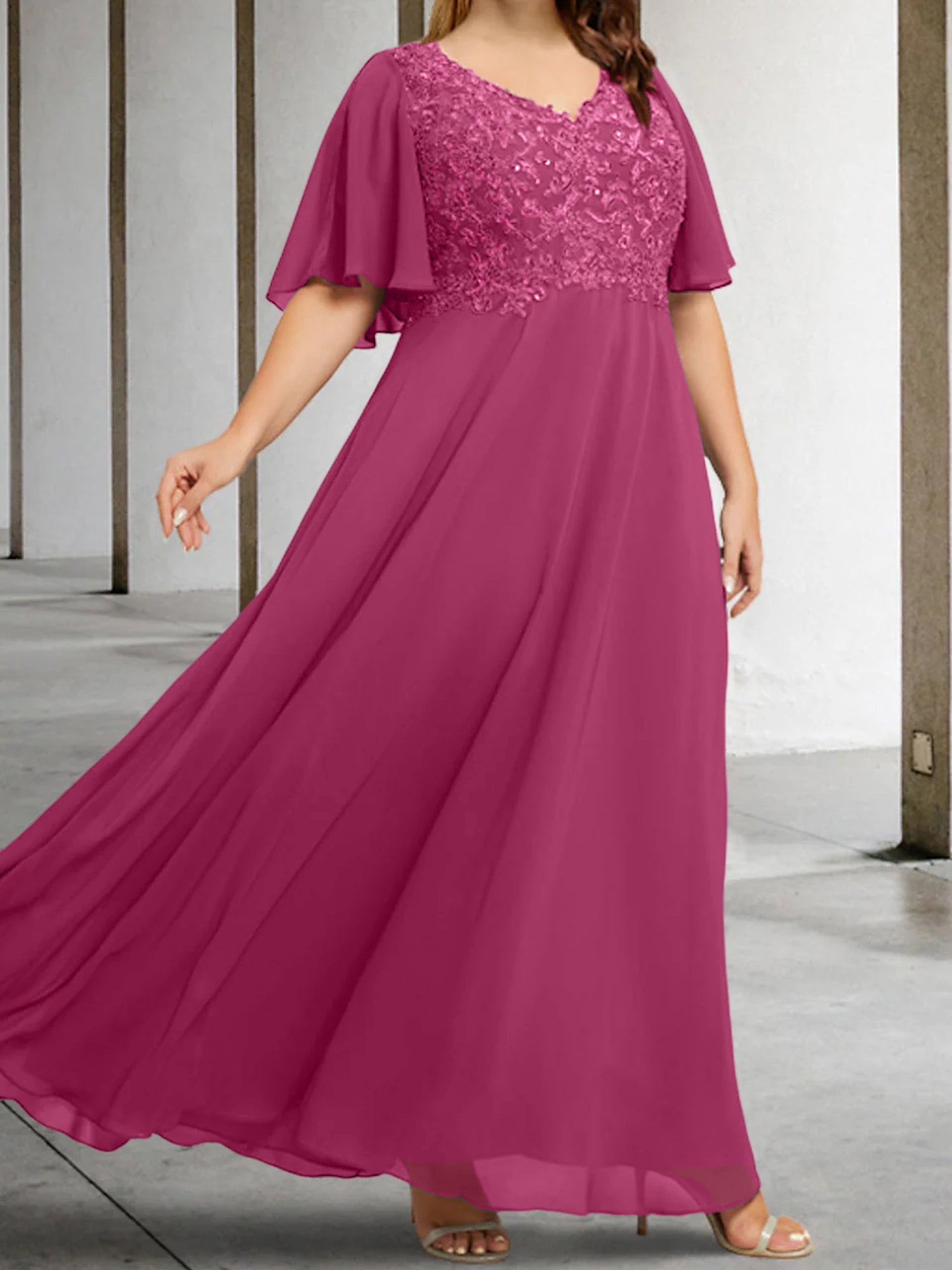 A Line Princess V Neck Half Sleeves Floor Length Mother Of The Bride Dresses With Applique