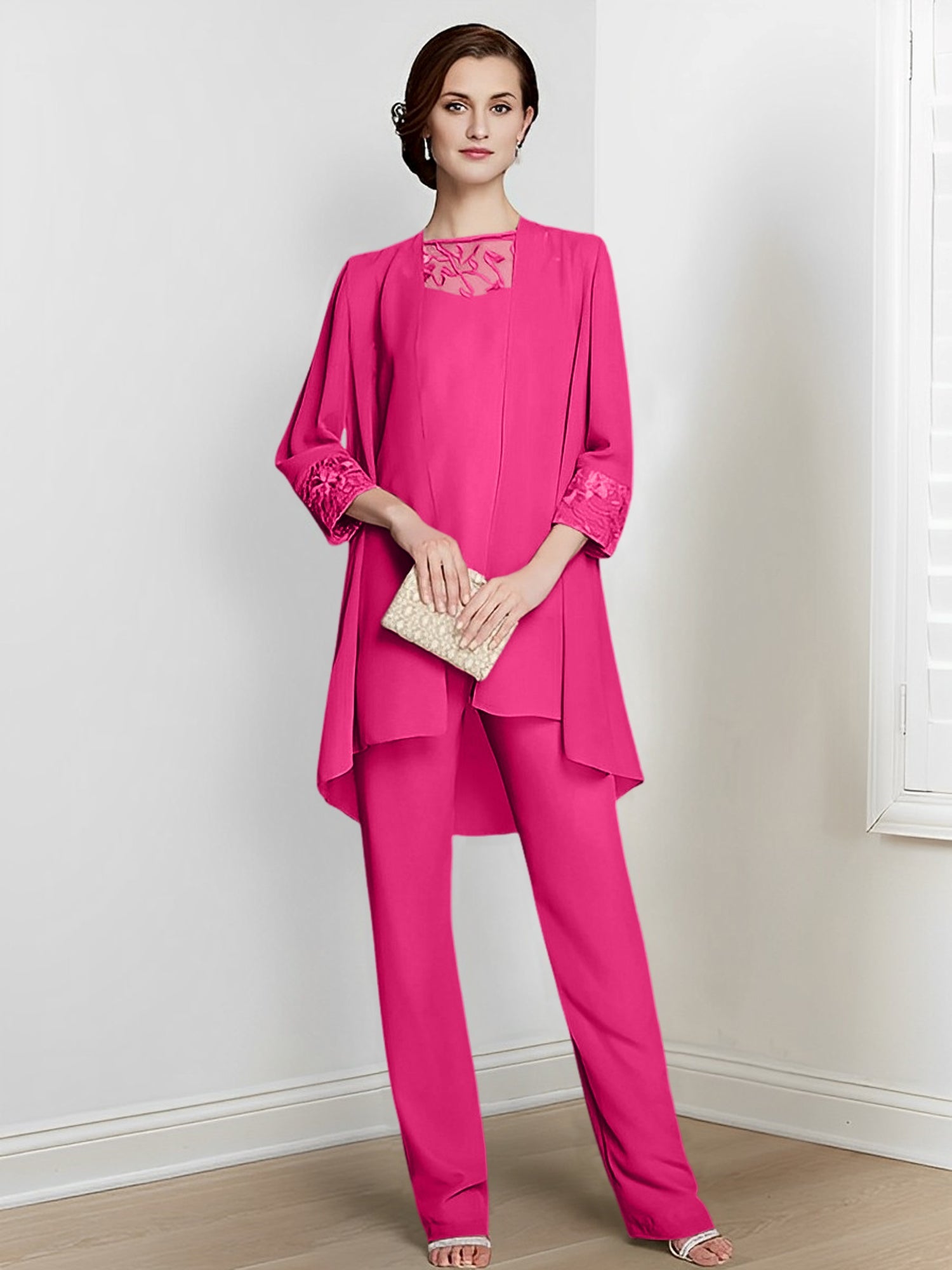 Chiffon Square Neck Long Sleeves Floor Length Mother Of The Bride Pantsuits With Jacket