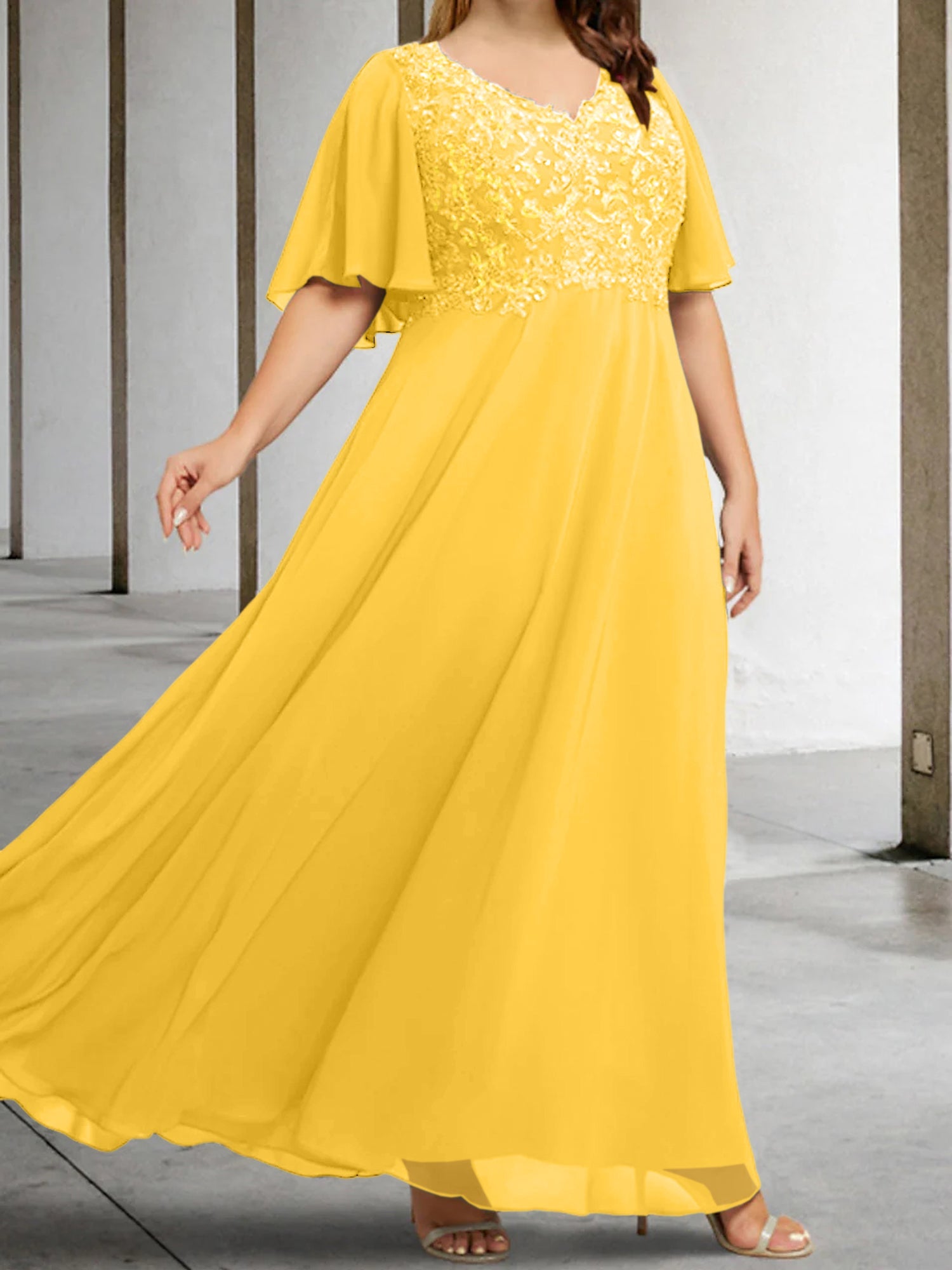 A Line Princess V Neck Half Sleeves Floor Length Mother Of The Bride Dresses With Applique