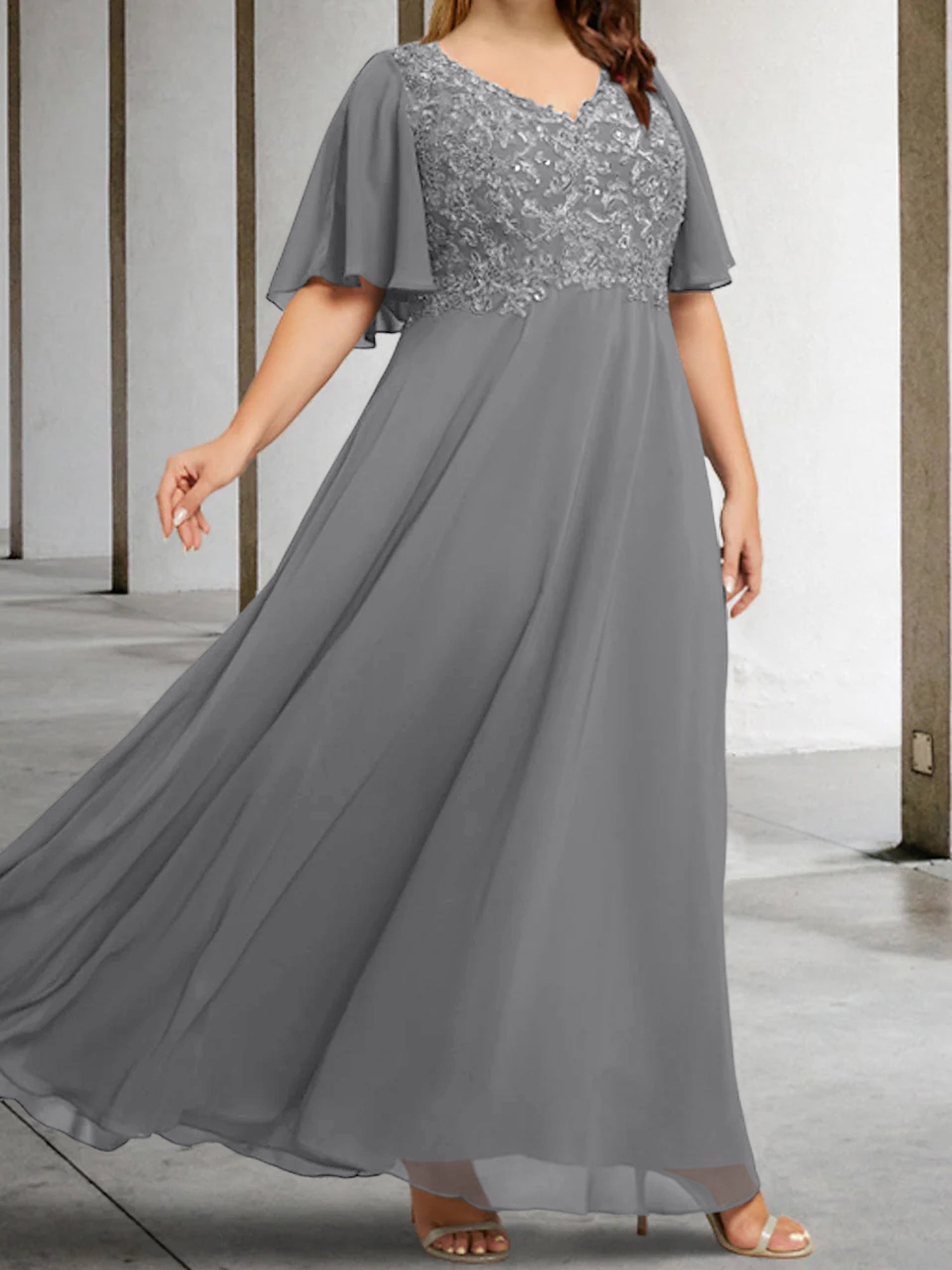 A Line Princess V Neck Half Sleeves Floor Length Mother Of The Bride Dresses With Applique