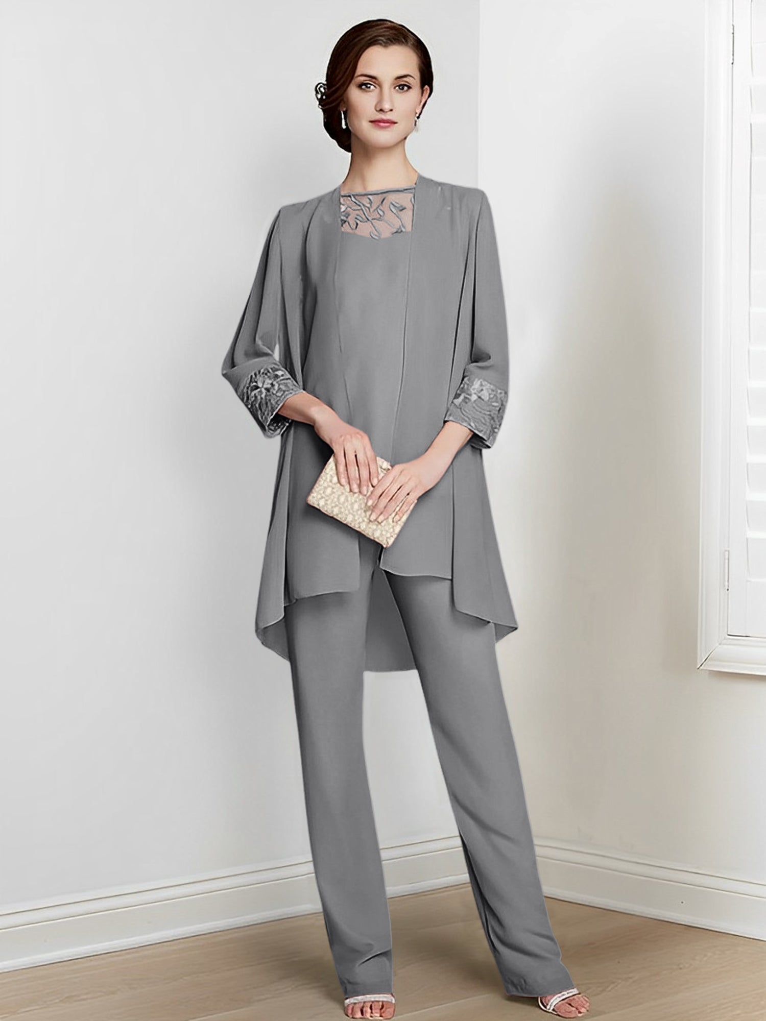 Chiffon Square Neck Long Sleeves Floor Length Mother Of The Bride Pantsuits With Jacket