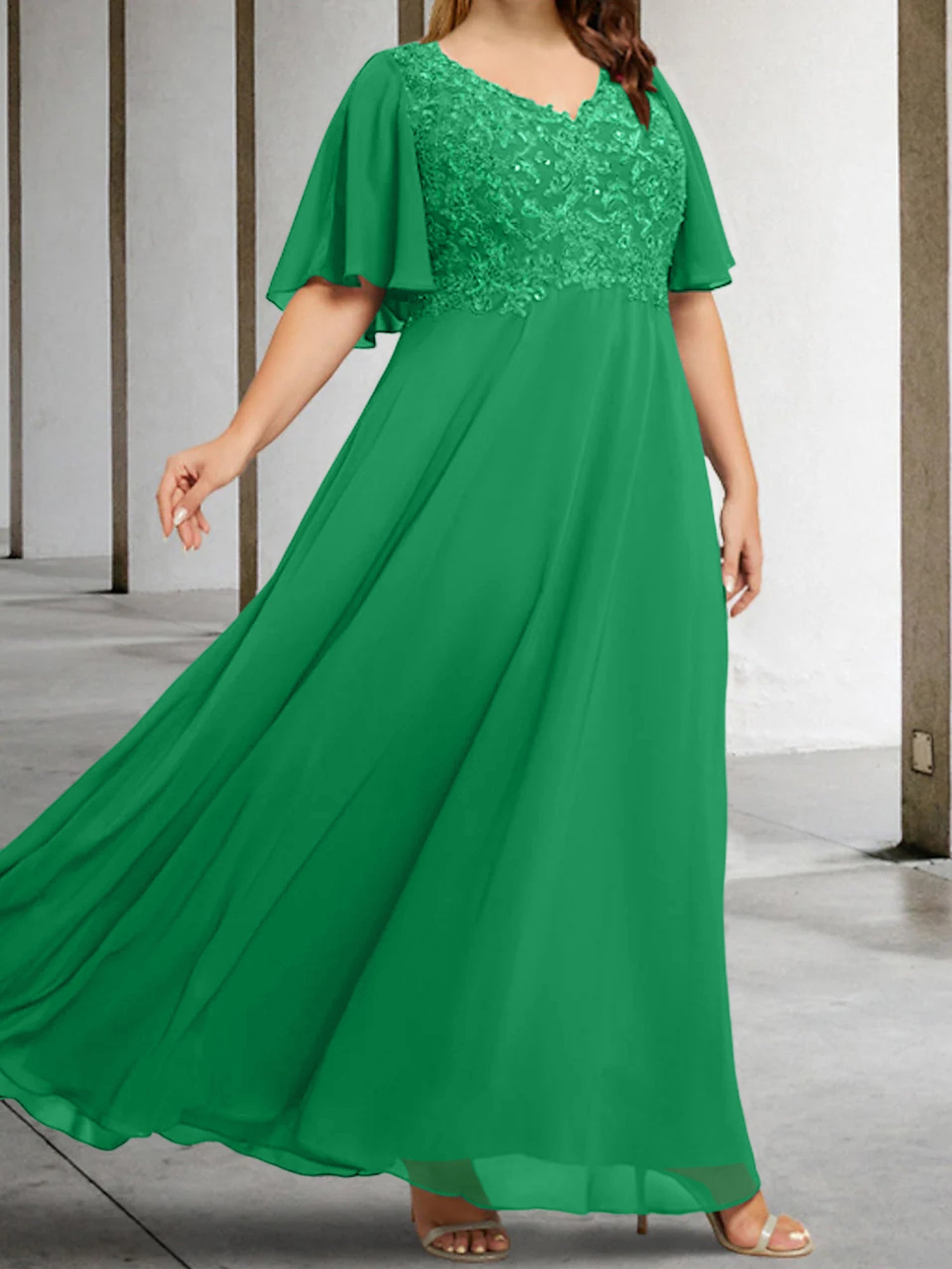 A Line Princess V Neck Half Sleeves Floor Length Mother Of The Bride Dresses With Applique