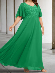 A Line Princess V Neck Half Sleeves Floor Length Mother Of The Bride Dresses With Applique