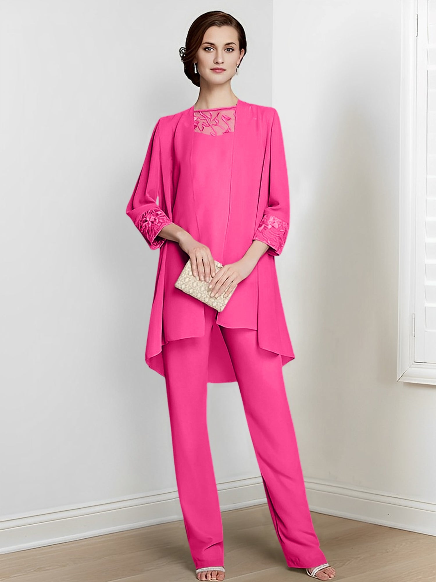 Chiffon Square Neck Long Sleeves Floor Length Mother Of The Bride Pantsuits With Jacket