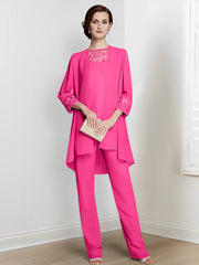 Chiffon Square Neck Long Sleeves Floor Length Mother Of The Bride Pantsuits With Jacket