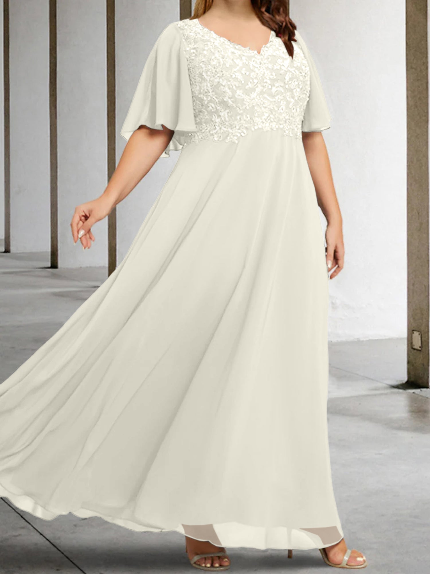 A Line Princess V Neck Half Sleeves Floor Length Mother Of The Bride Dresses With Applique