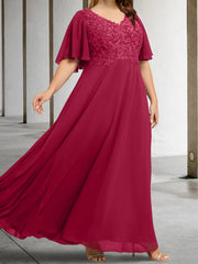 A Line Princess V Neck Half Sleeves Floor Length Mother Of The Bride Dresses With Applique