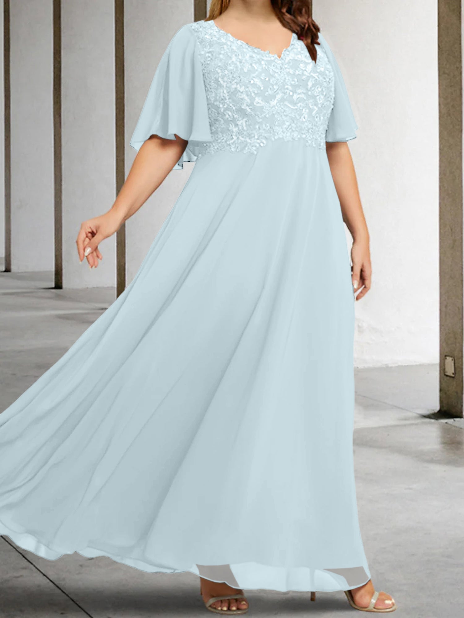 A Line Princess V Neck Half Sleeves Floor Length Mother Of The Bride Dresses With Applique