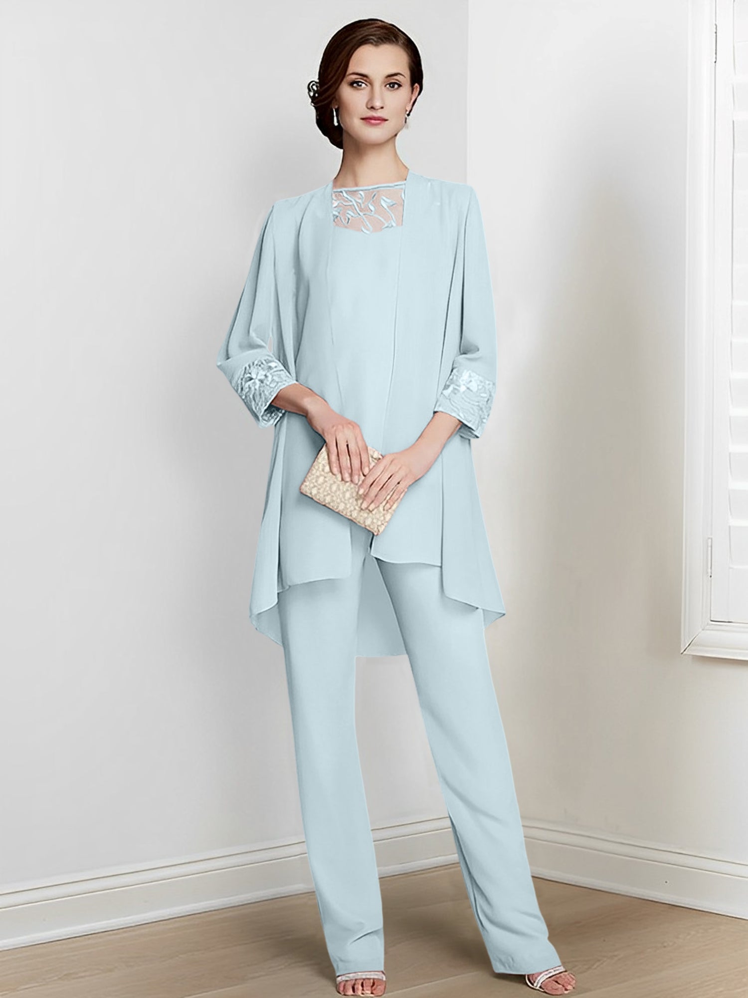 Chiffon Square Neck Long Sleeves Floor Length Mother Of The Bride Pantsuits With Jacket