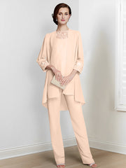 Chiffon Square Neck Long Sleeves Floor Length Mother Of The Bride Pantsuits With Jacket