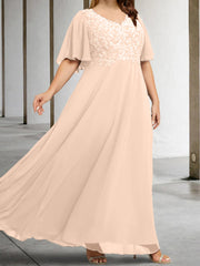 A Line Princess V Neck Half Sleeves Floor Length Mother Of The Bride Dresses With Applique