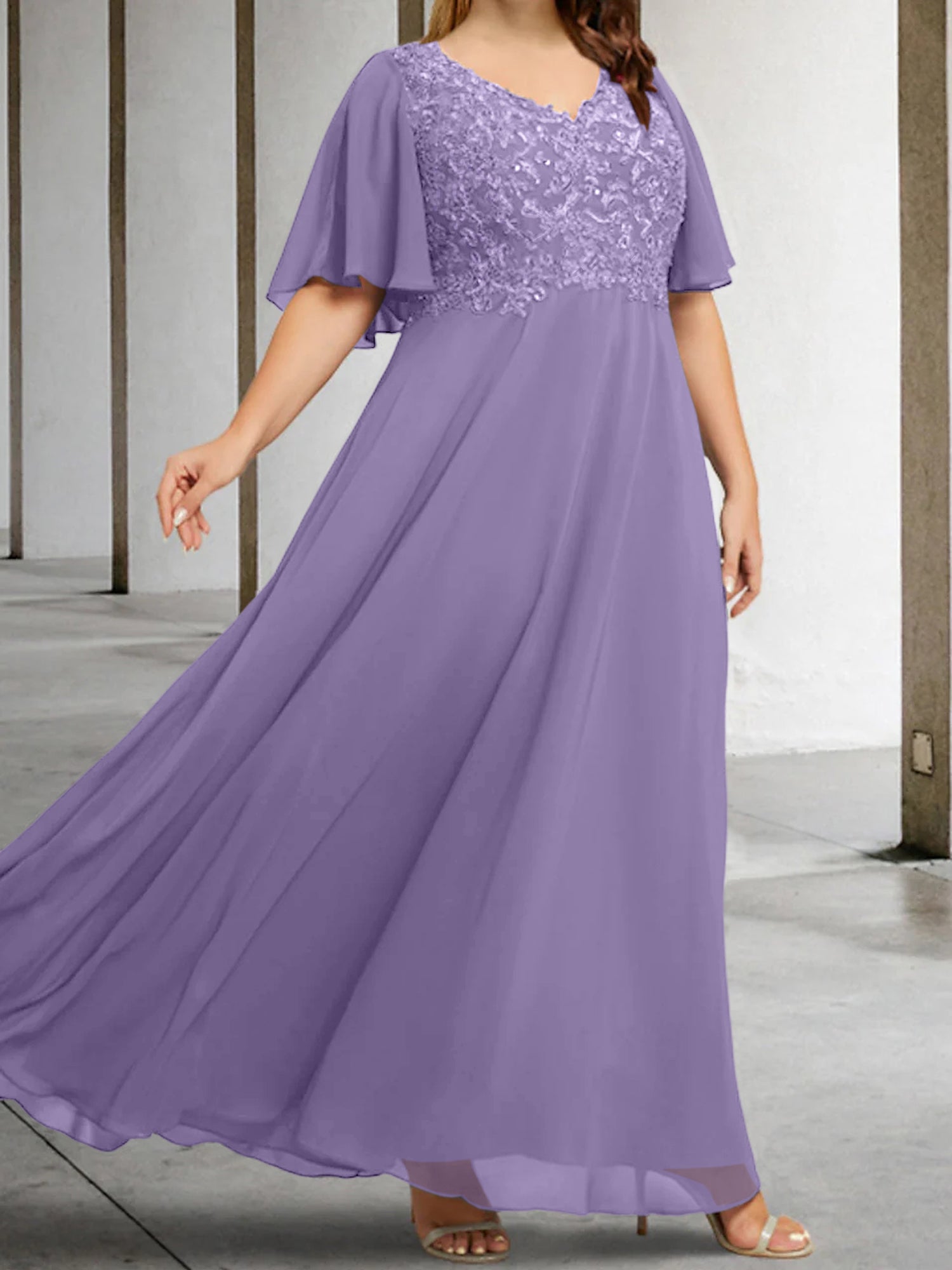 A Line Princess V Neck Half Sleeves Floor Length Mother Of The Bride Dresses With Applique