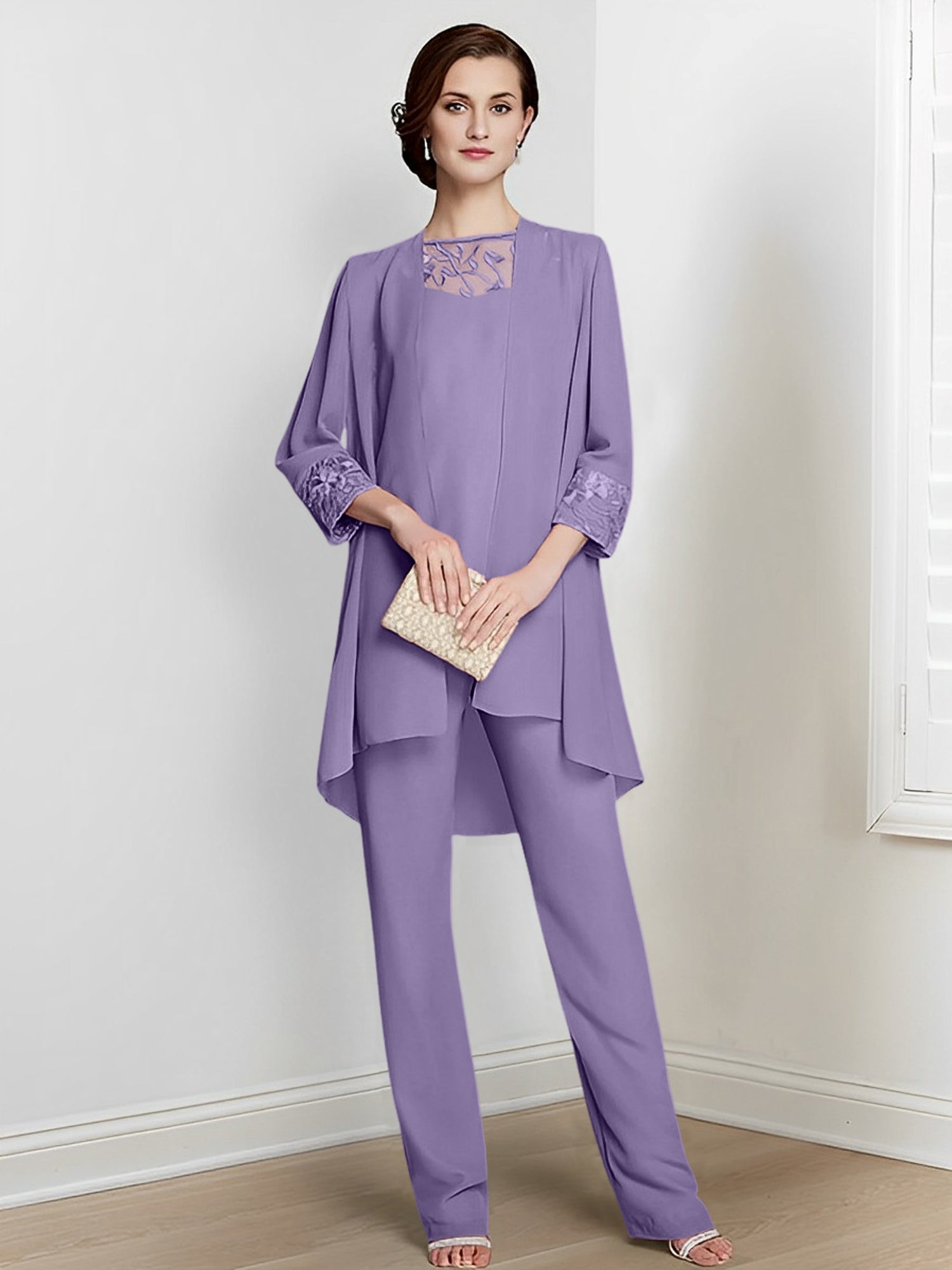 Chiffon Square Neck Long Sleeves Floor Length Mother Of The Bride Pantsuits With Jacket