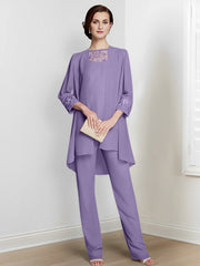 Chiffon Square Neck Long Sleeves Floor Length Mother Of The Bride Pantsuits With Jacket