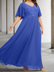 A Line Princess V Neck Half Sleeves Floor Length Mother Of The Bride Dresses With Applique