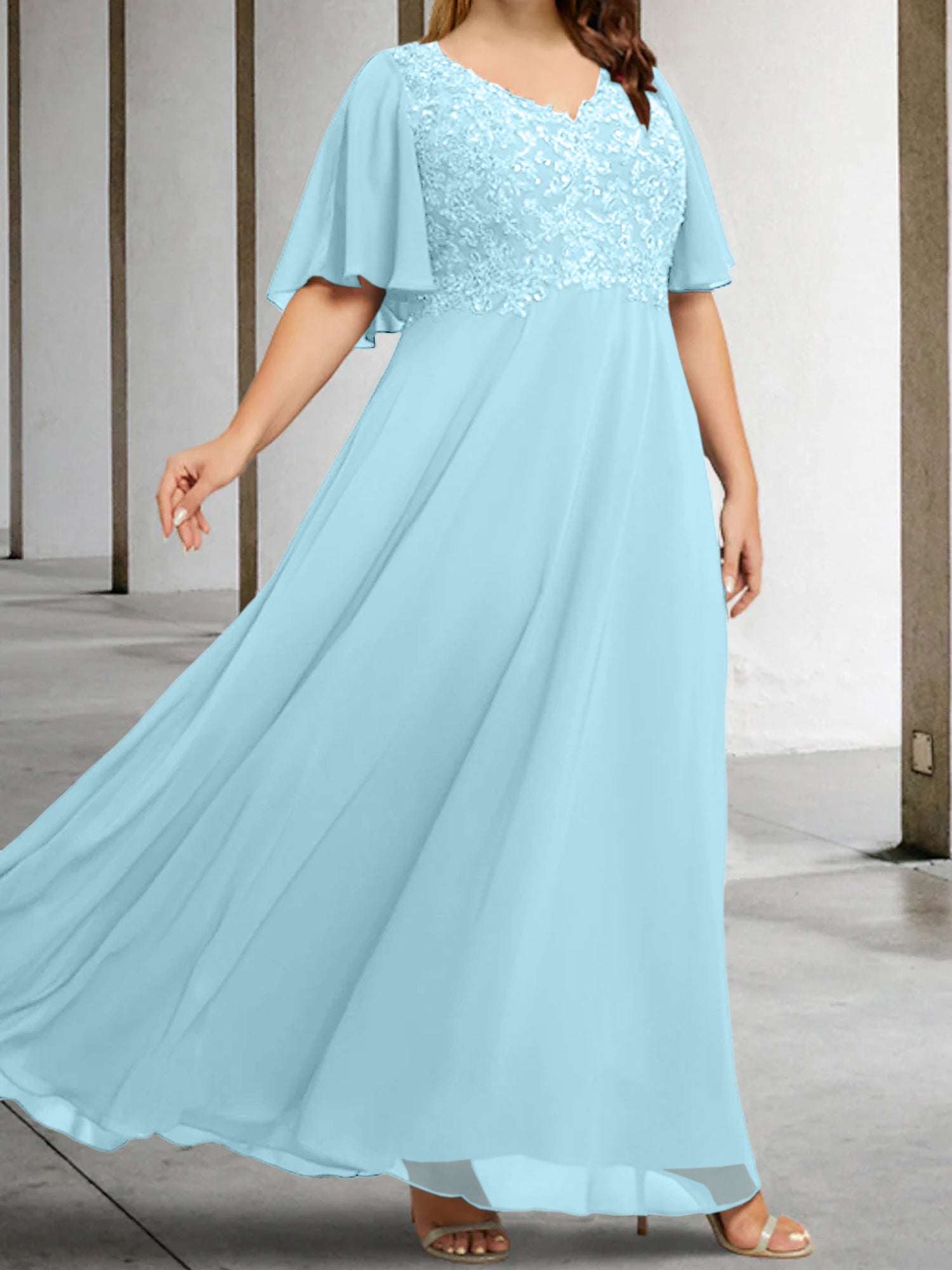 A Line Princess V Neck Half Sleeves Floor Length Mother Of The Bride Dresses With Applique