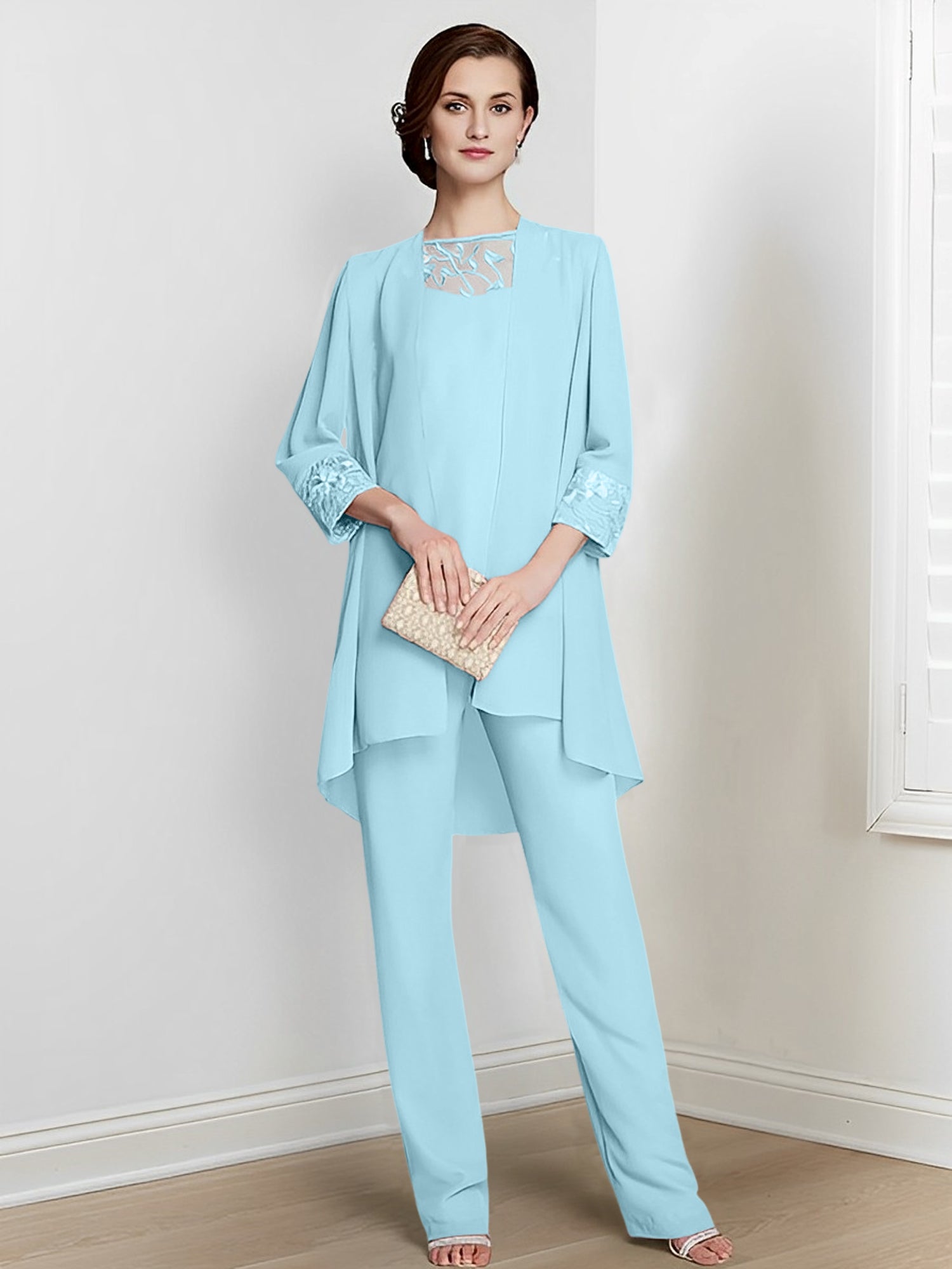 Chiffon Square Neck Long Sleeves Floor Length Mother Of The Bride Pantsuits With Jacket