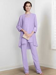 Chiffon Square Neck Long Sleeves Floor Length Mother Of The Bride Pantsuits With Jacket