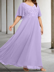 A Line Princess V Neck Half Sleeves Floor Length Mother Of The Bride Dresses With Applique