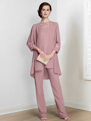 Chiffon Square Neck Long Sleeves Floor Length Mother Of The Bride Pantsuits With Jacket