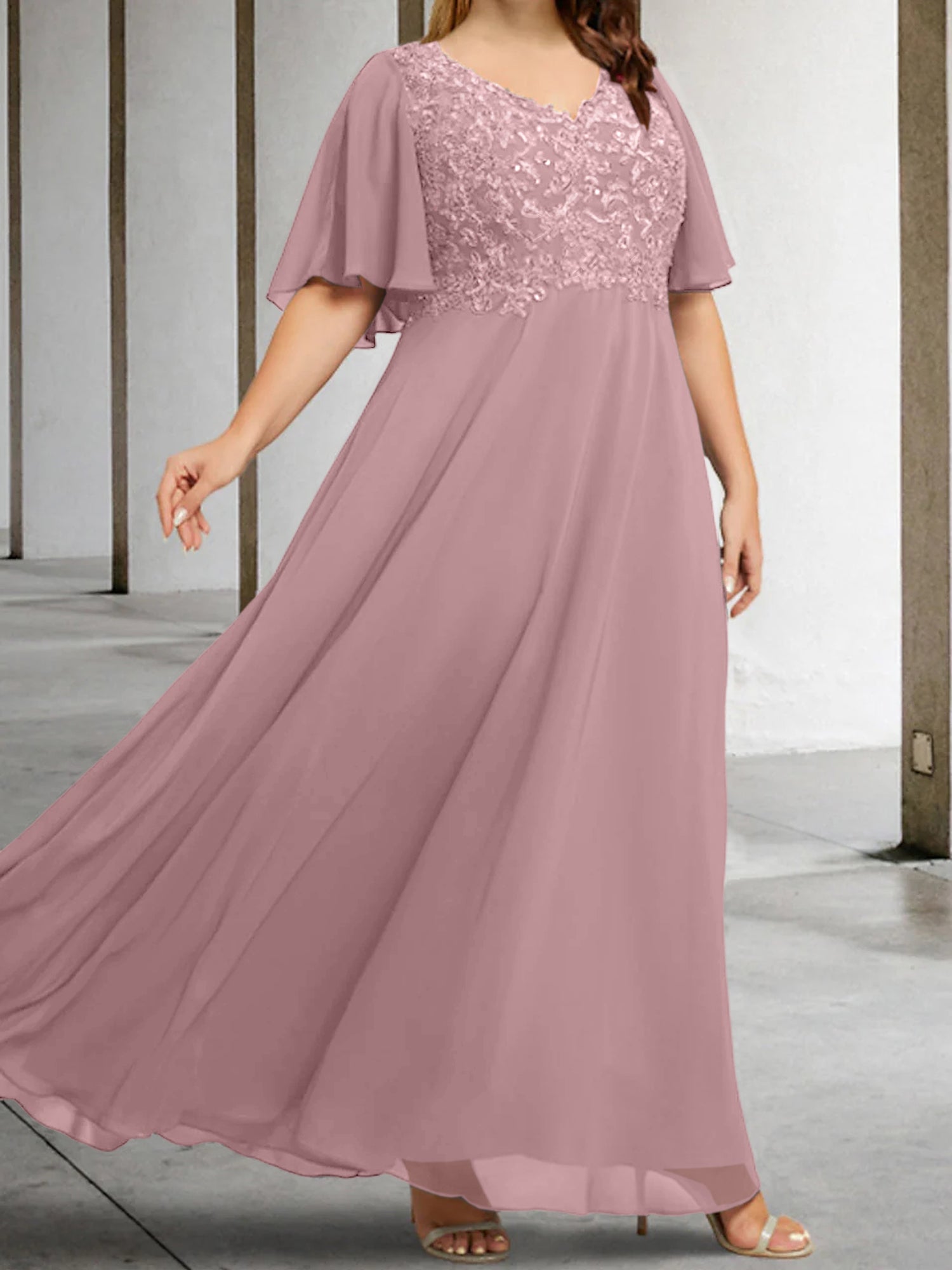 A Line Princess V Neck Half Sleeves Floor Length Mother Of The Bride Dresses With Applique