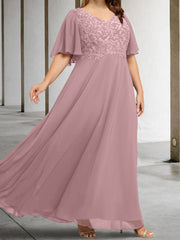 A Line Princess V Neck Half Sleeves Floor Length Mother Of The Bride Dresses With Applique