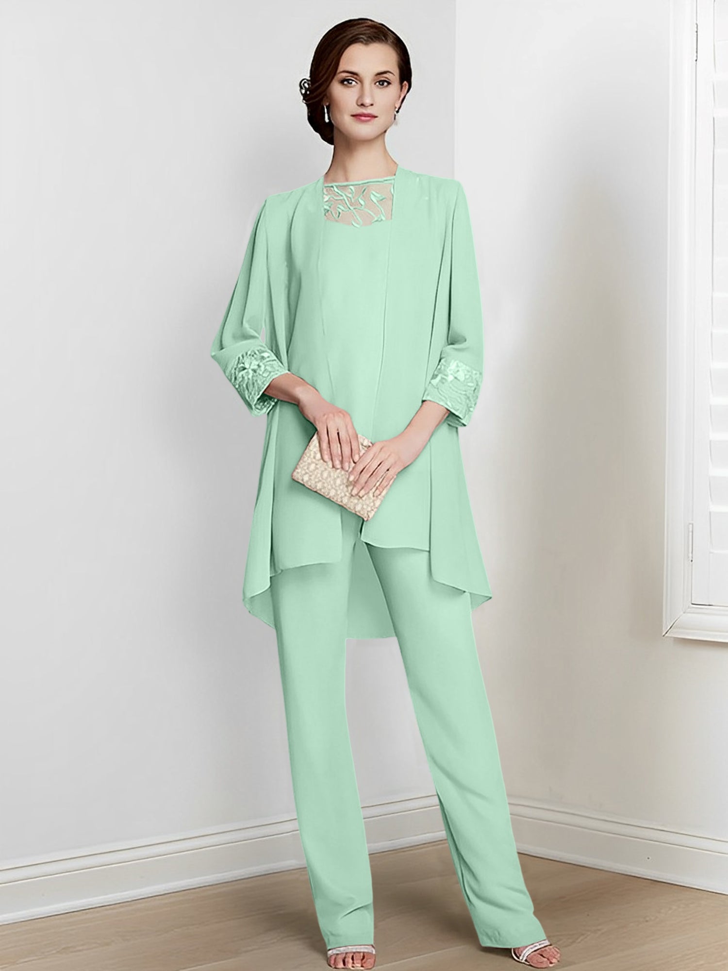 Chiffon Square Neck Long Sleeves Floor Length Mother Of The Bride Pantsuits With Jacket