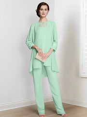 Chiffon Square Neck Long Sleeves Floor Length Mother Of The Bride Pantsuits With Jacket