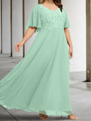 A Line Princess V Neck Half Sleeves Floor Length Mother Of The Bride Dresses With Applique