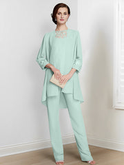 Chiffon Square Neck Long Sleeves Floor Length Mother Of The Bride Pantsuits With Jacket
