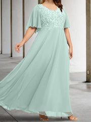 A Line Princess V Neck Half Sleeves Floor Length Mother Of The Bride Dresses With Applique