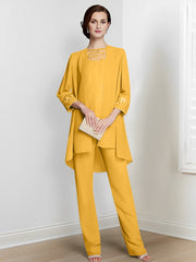 Chiffon Square Neck Long Sleeves Floor Length Mother Of The Bride Pantsuits With Jacket