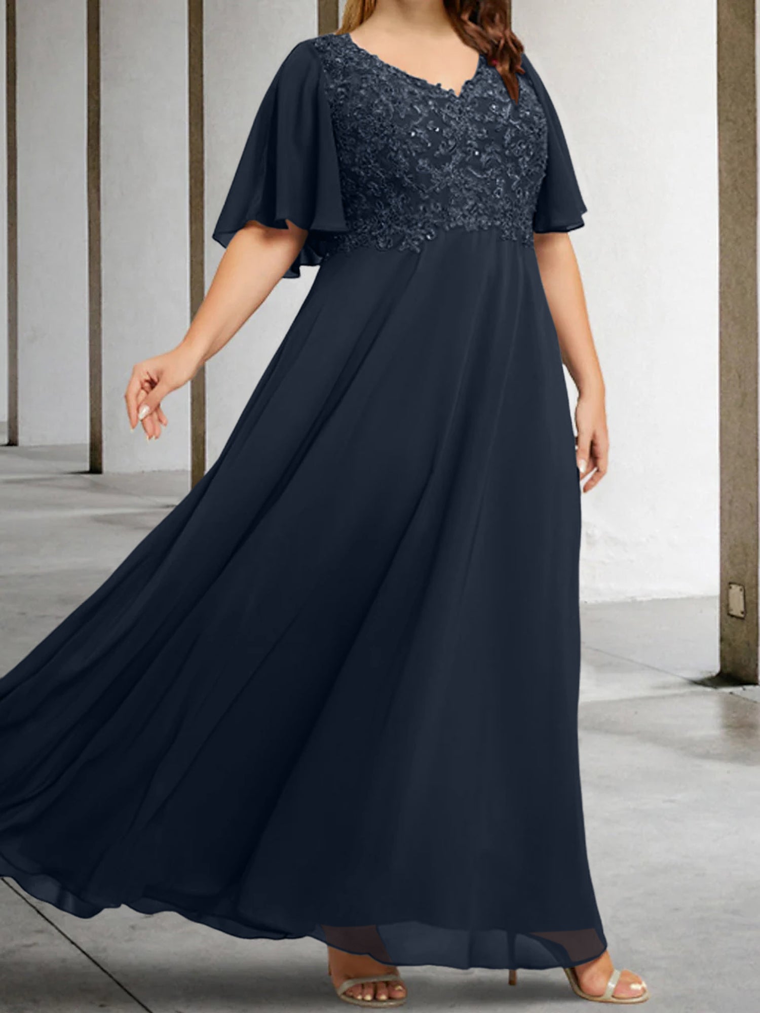 A Line Princess V Neck Half Sleeves Floor Length Mother Of The Bride Dresses With Applique