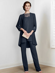 Chiffon Square Neck Long Sleeves Floor Length Mother Of The Bride Pantsuits With Jacket