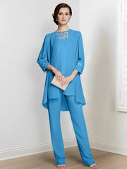 Chiffon Square Neck Long Sleeves Floor Length Mother Of The Bride Pantsuits With Jacket