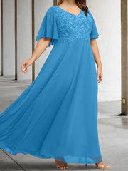 A Line Princess V Neck Half Sleeves Floor Length Mother Of The Bride Dresses With Applique